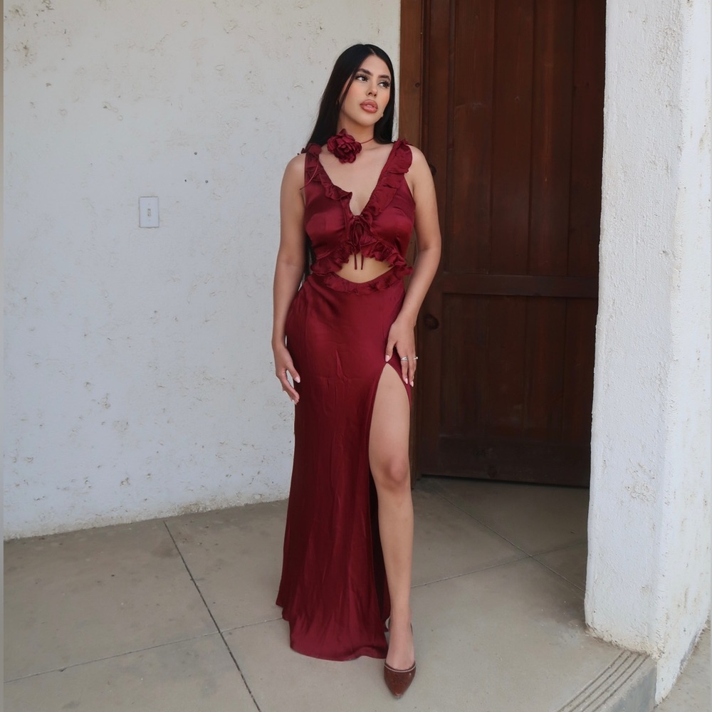 Vrg girl Sicily Rose Bias Cut Maxi Dress in wine